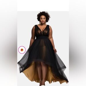 Design plus size formal black dress Vneck Asymmetrical Hem Fold Tulle Midi Dress